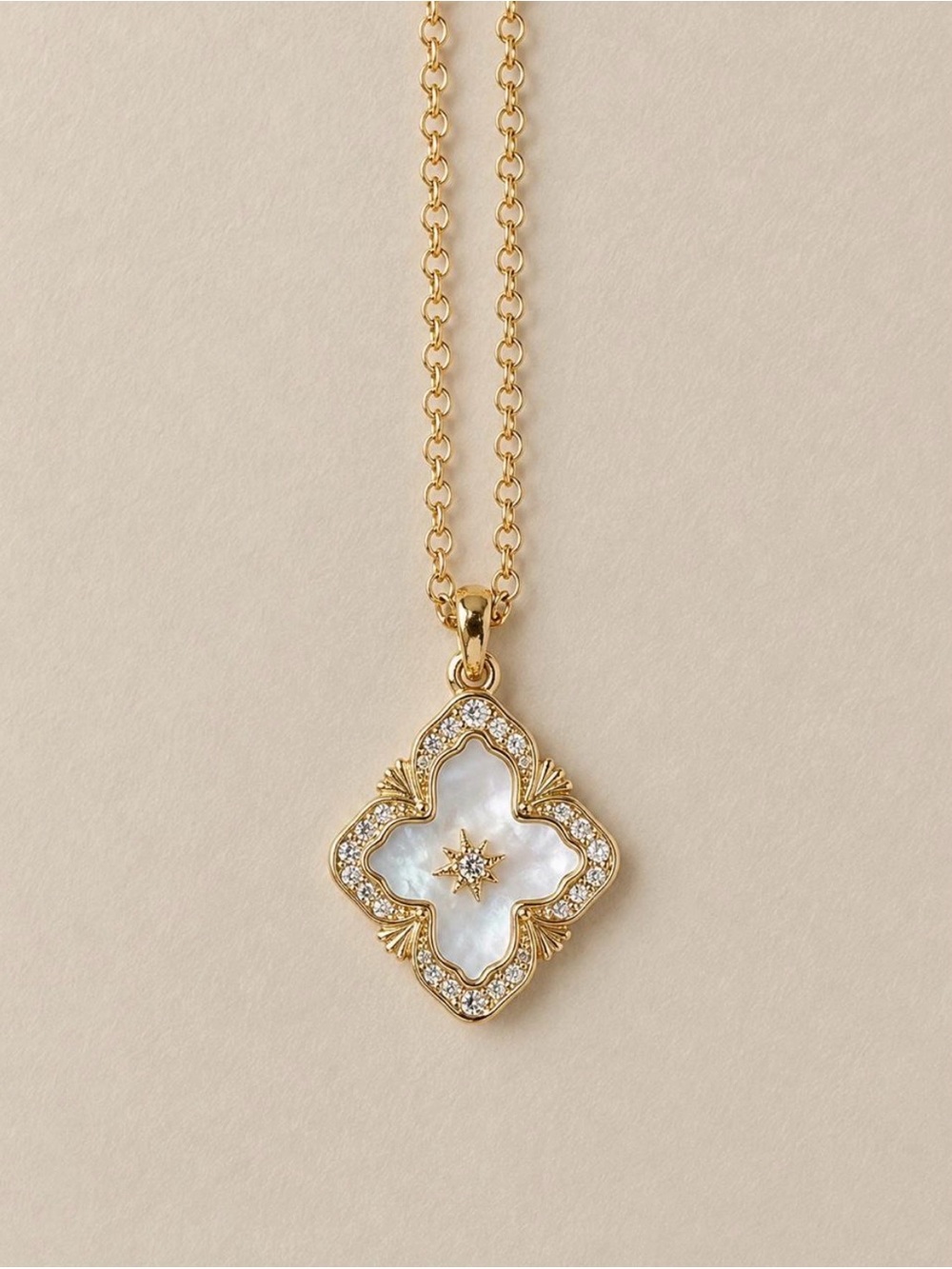 Gold Tone Mother of Pearl Crystal Quatrefoil Pendant Necklace Long Chain